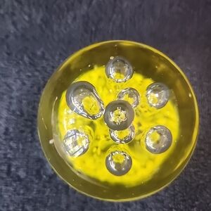Vintage Art Glass Paperweight Control Bubbles Yellow & Clear Floral 2.5" Flower